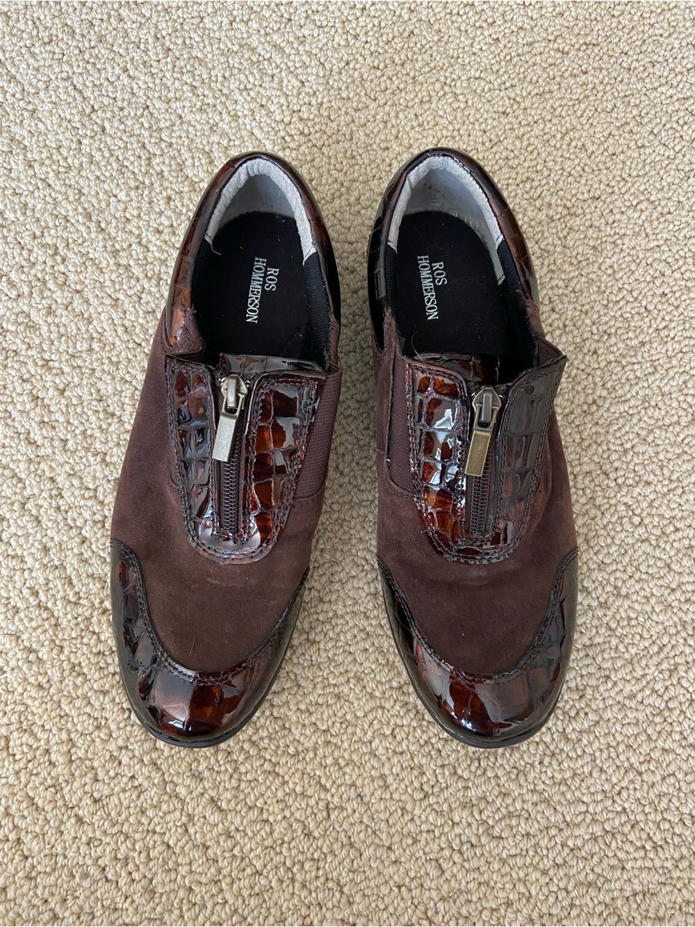 Ros Hommerson Brown Leather & Suede Zip Slip-On Shoes